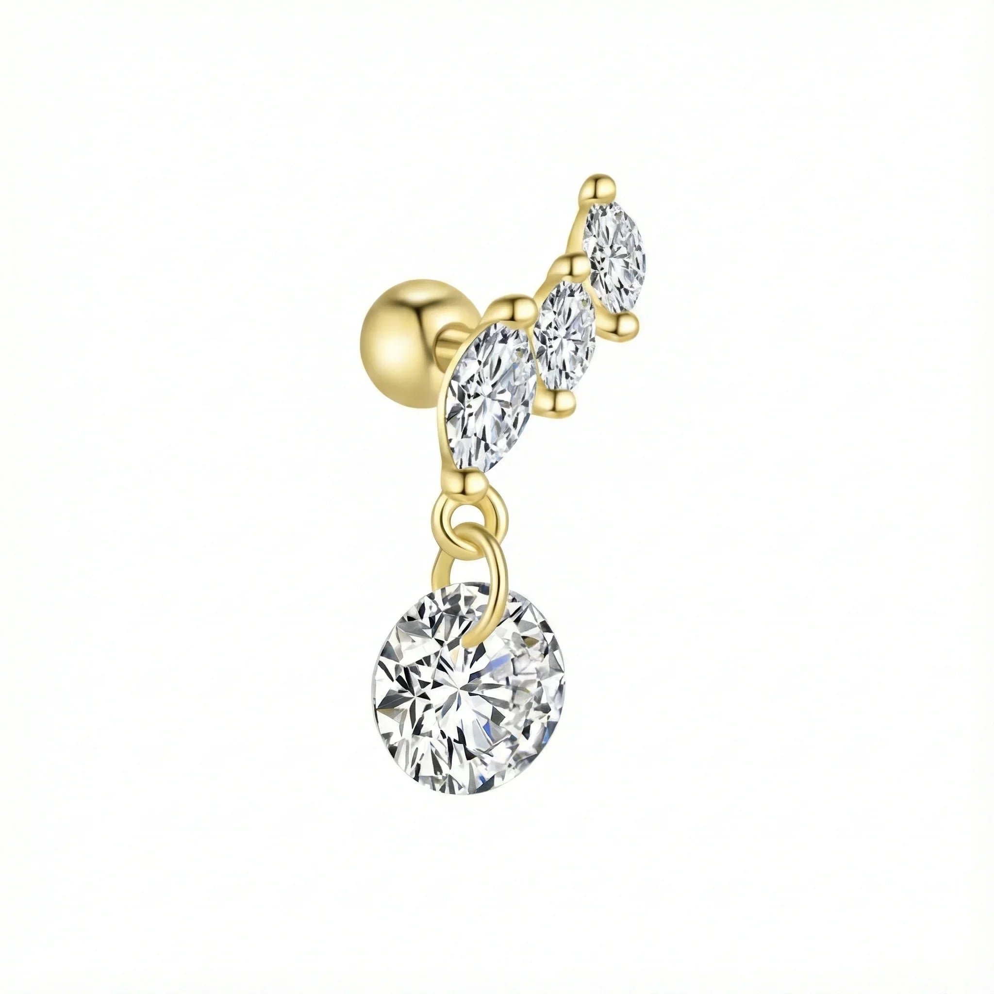 Bijou de piercing pour oreille hélix et cartilage finition or, orné de trois zircons taille marquise et d'un pendentif rond scintillant.